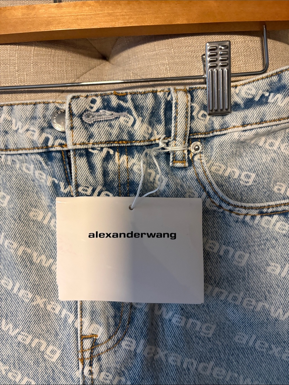 Alexander Wang Light Blue All-Over Logo Denim Cutoff Shorts - Picture 2 of 8